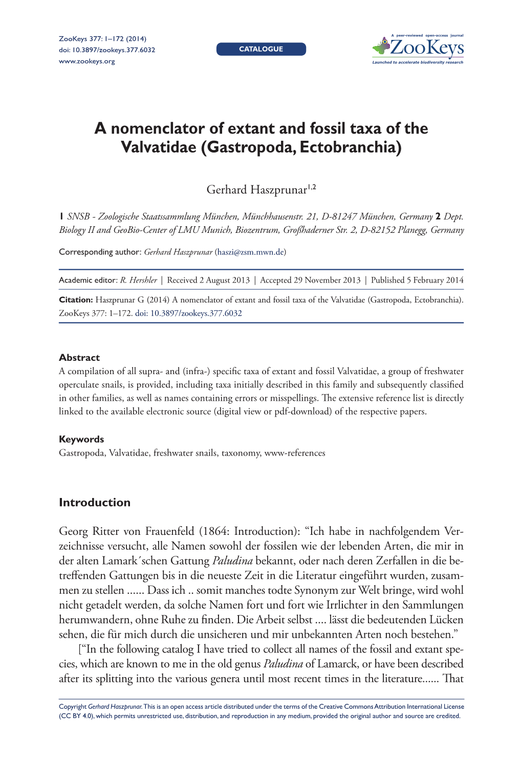 A Nomenclator of Extant and Fossil Taxa of the Valvatidae (Gastropoda, Ectobranchia)