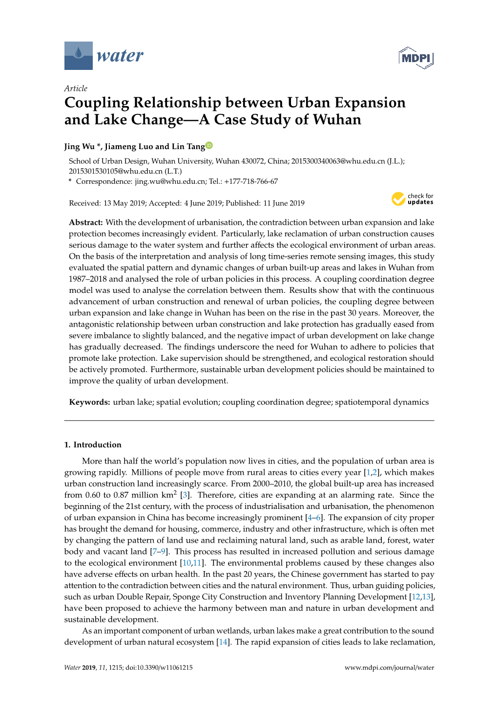 Coupling Relationship Between Urban Expansion and Lake Change—A Case Study of Wuhan