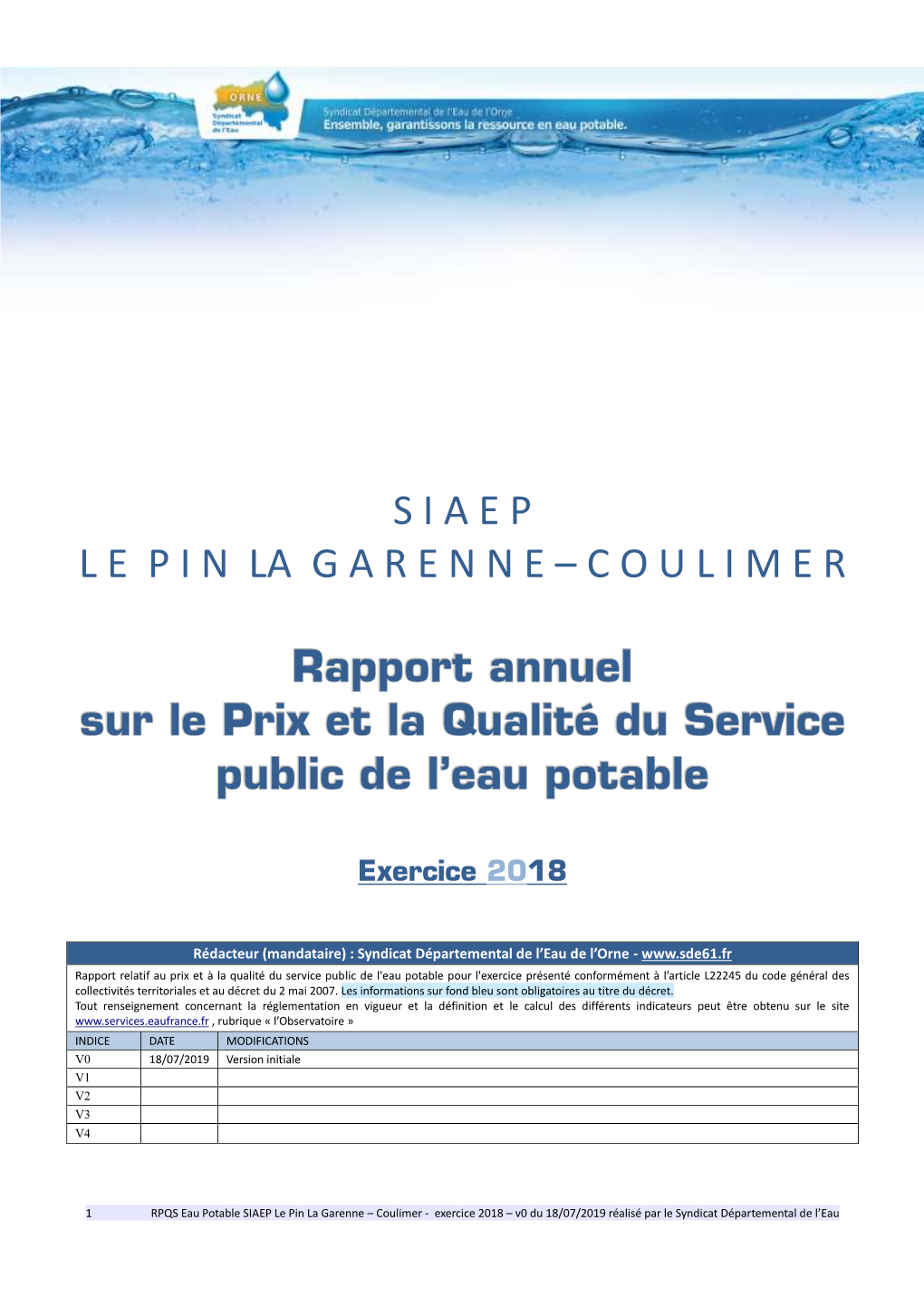 Rapport Annuel Sur Le Prix Et La Qualité Du Service Public D'eau Potable