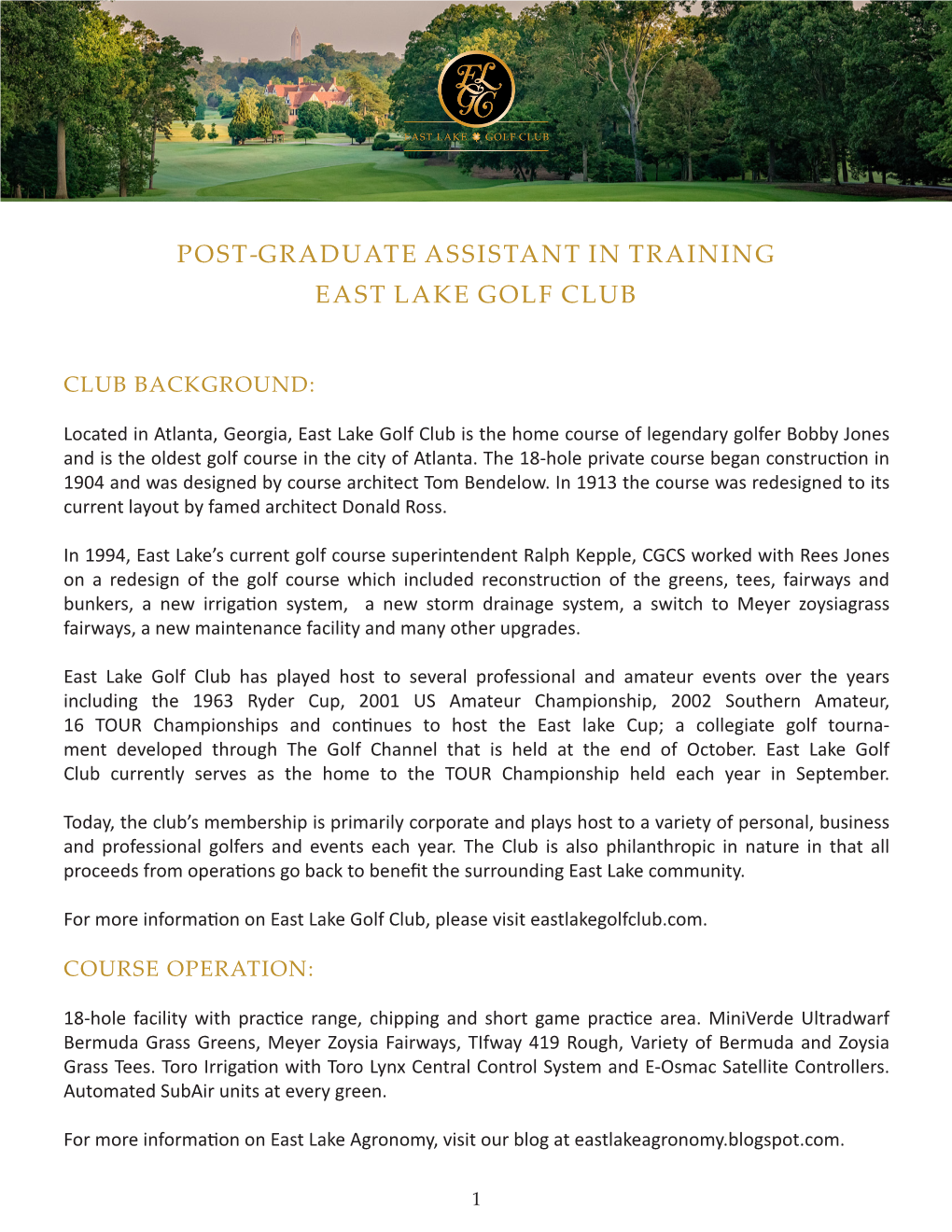 Post-Graduate Assistant in Training East Lake Golf Club