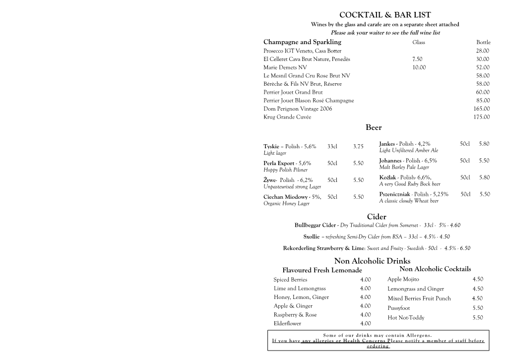 COCKTAIL & BAR LIST Beer Cider Non Alcoholic Drinks