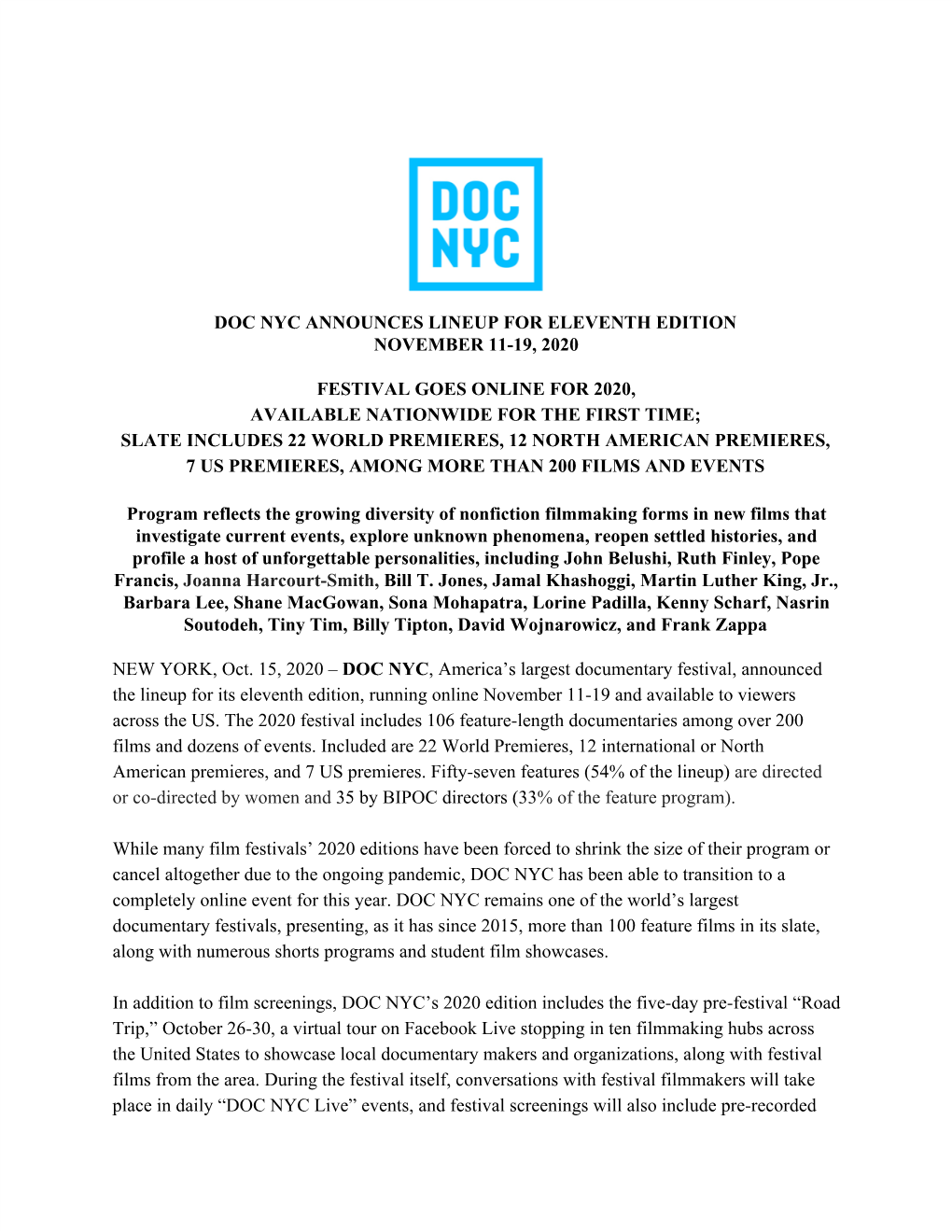 Doc Nyc Announces Lineup for Eleventh Edition November 11-19, 2020