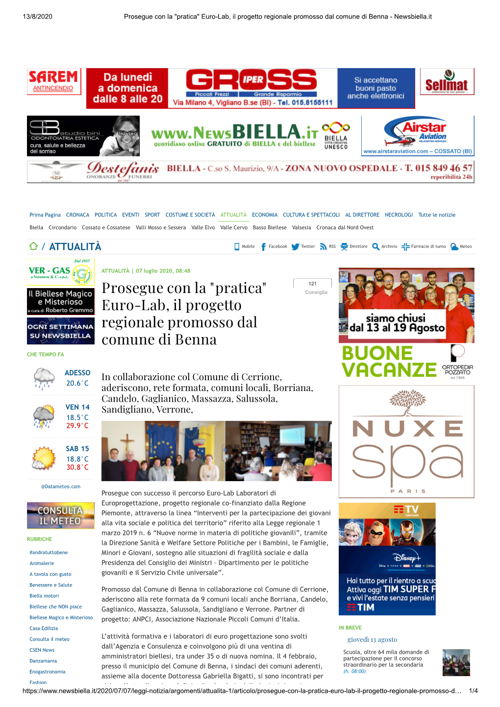 "Pratica" Euro-Lab, Il Progetto Regionale Promosso Dal Comune Di Benna - Newsbiella.It