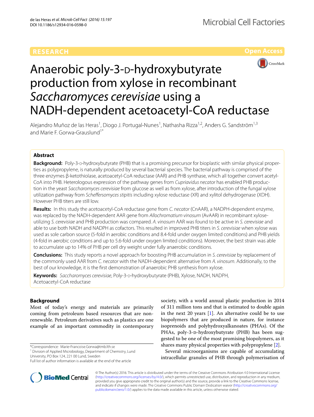 Anaerobic Poly-3-D-Hydroxybutyrate Production from Xylose in Recombinant Saccharomyces Cerevisiae Using a NADH-Dependent Acetoac