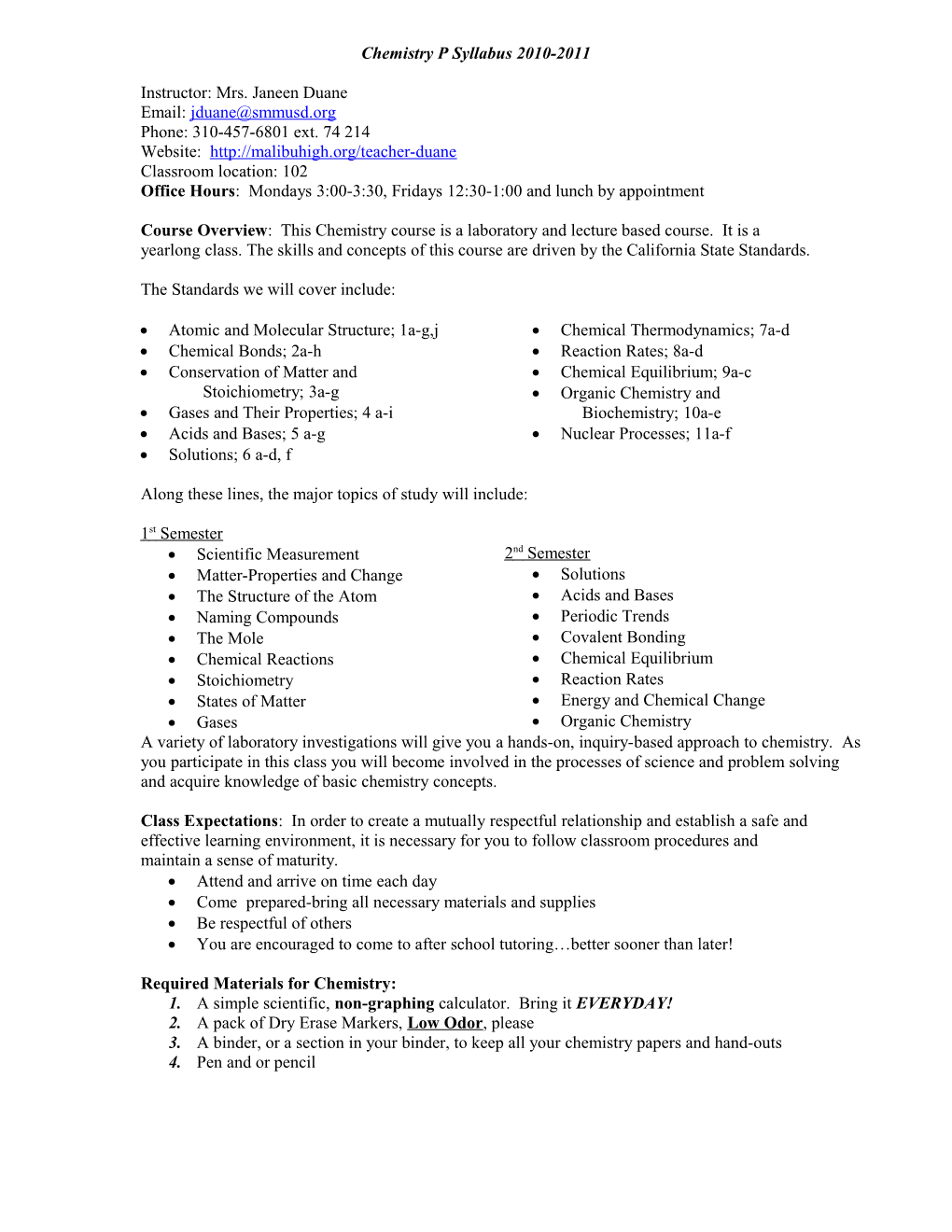 Chemistry P Syllabus 2010-2011