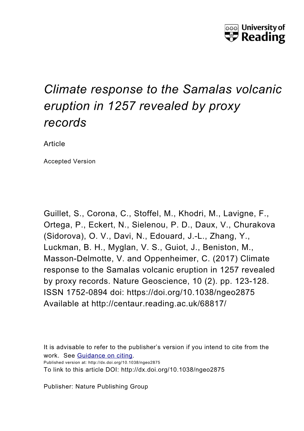 Climate Response to the Samalas Volcanic Eruption in 1257 Revealed by Proxy Records