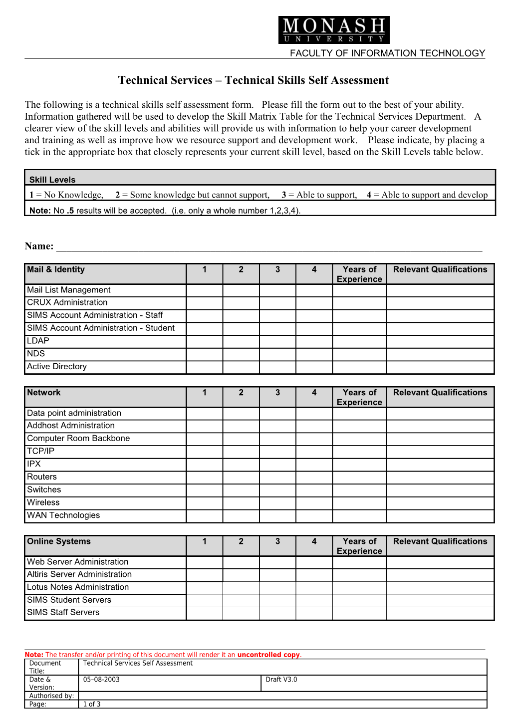 Technical Operations Skill Matrix