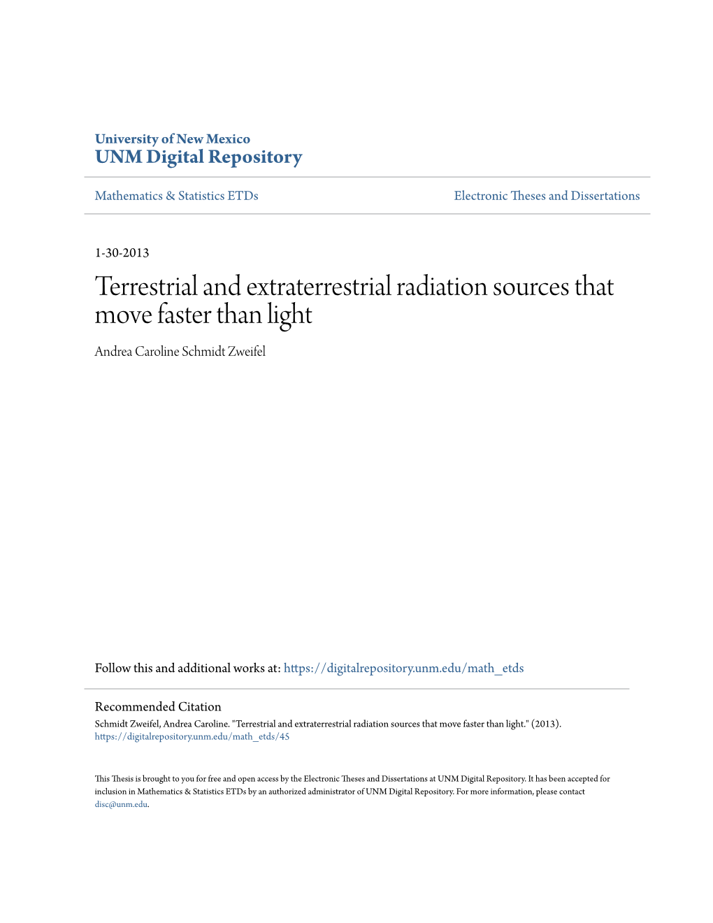 Terrestrial and Extraterrestrial Radiation Sources That Move Faster Than Light Andrea Caroline Schmidt Zweifel