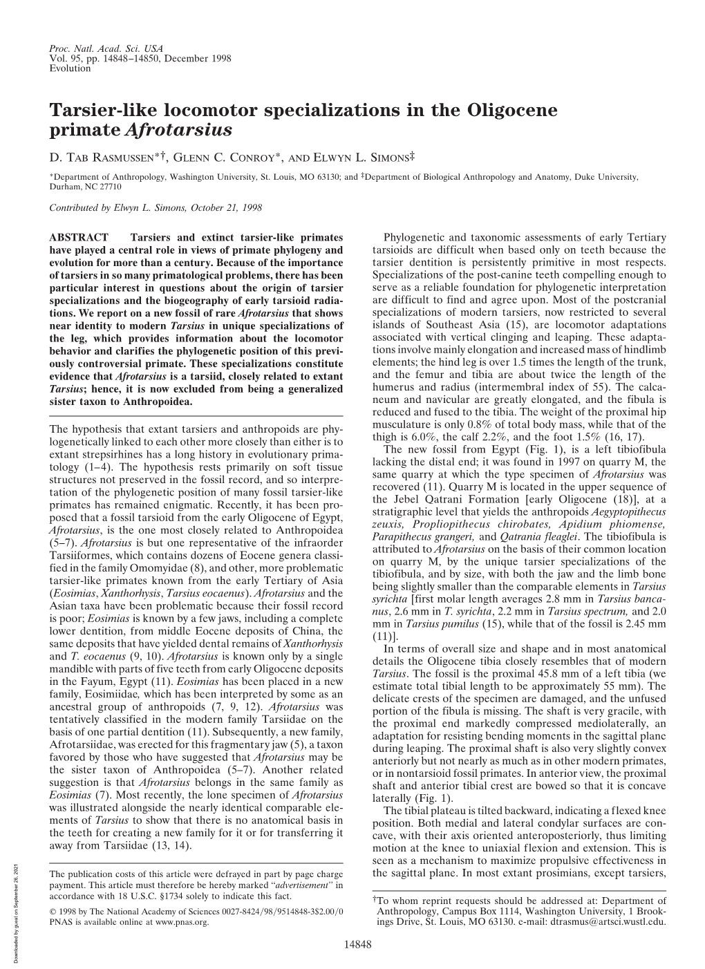 Tarsier-Like Locomotor Specializations in the Oligocene Primate Afrotarsius