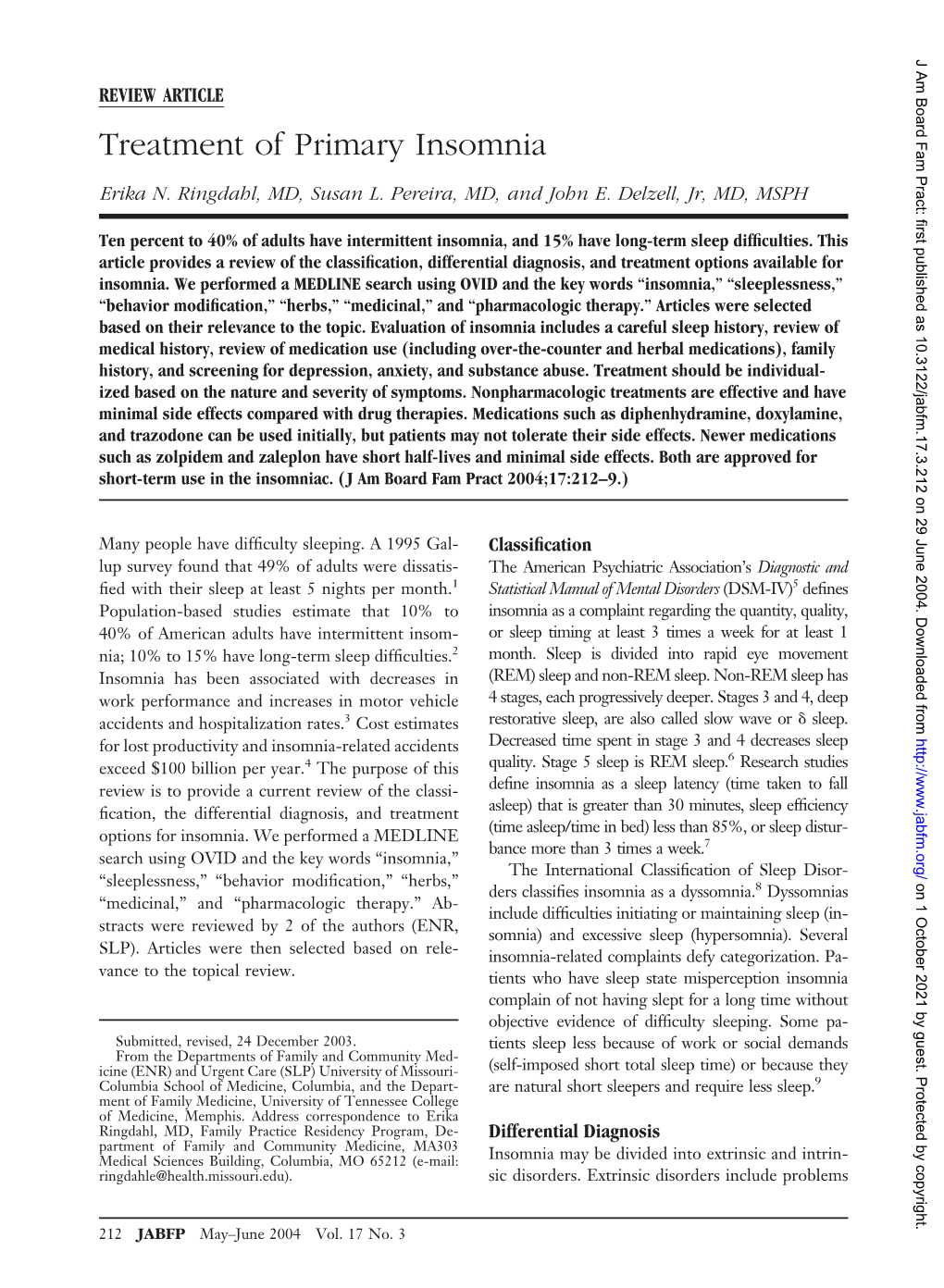 Treatment of Primary Insomnia