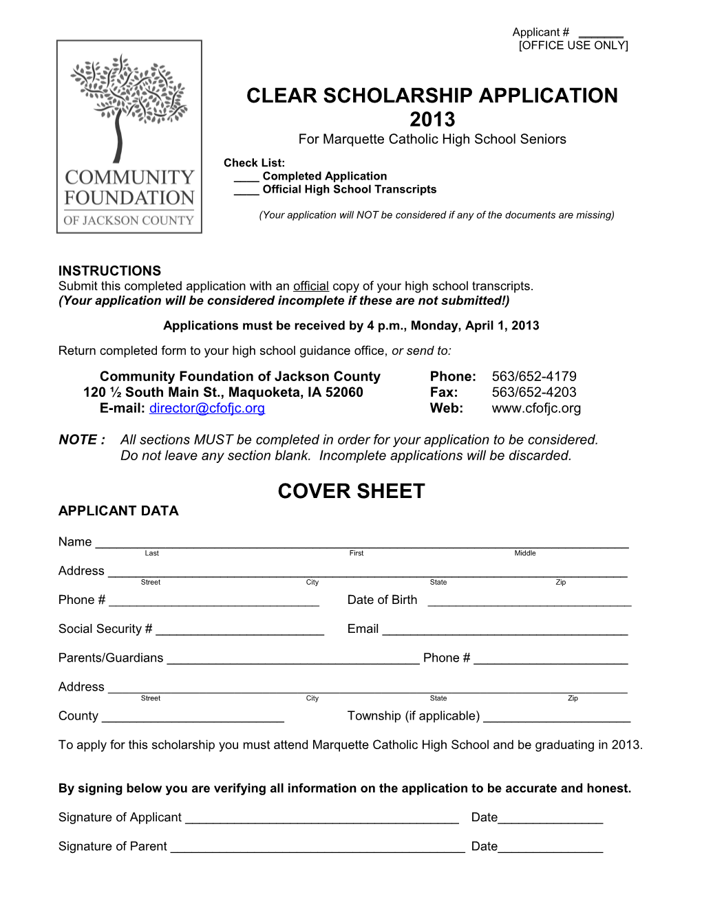 Penrose Family Scholarship Application Form