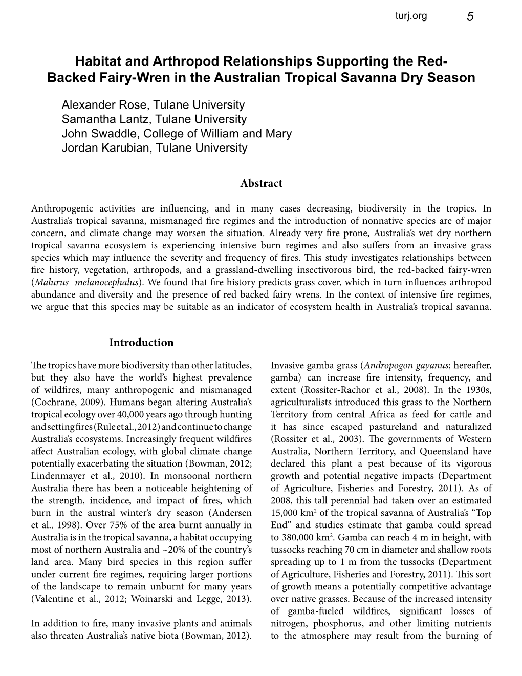 Habitat and Arthropod Relationships Supporting the Red- Backed Fairy-Wren in the Australian Tropical Savanna Dry Season