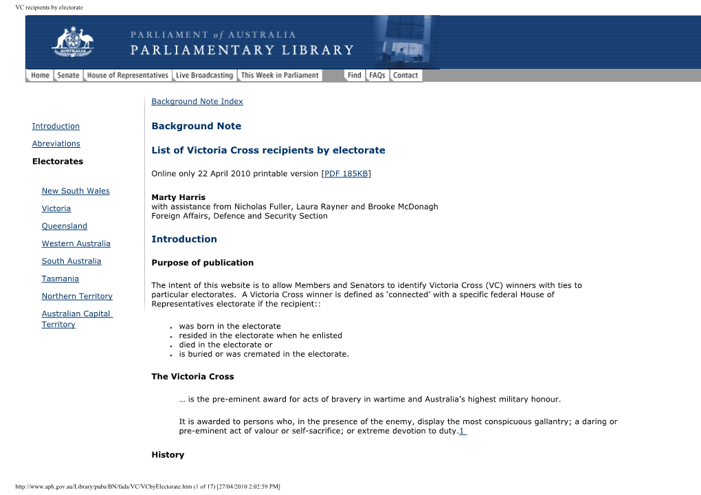 Victoria Cross Recipients by Electorate Electorates Online Only 22 April 2010 Printable Version [PDF 185KB]