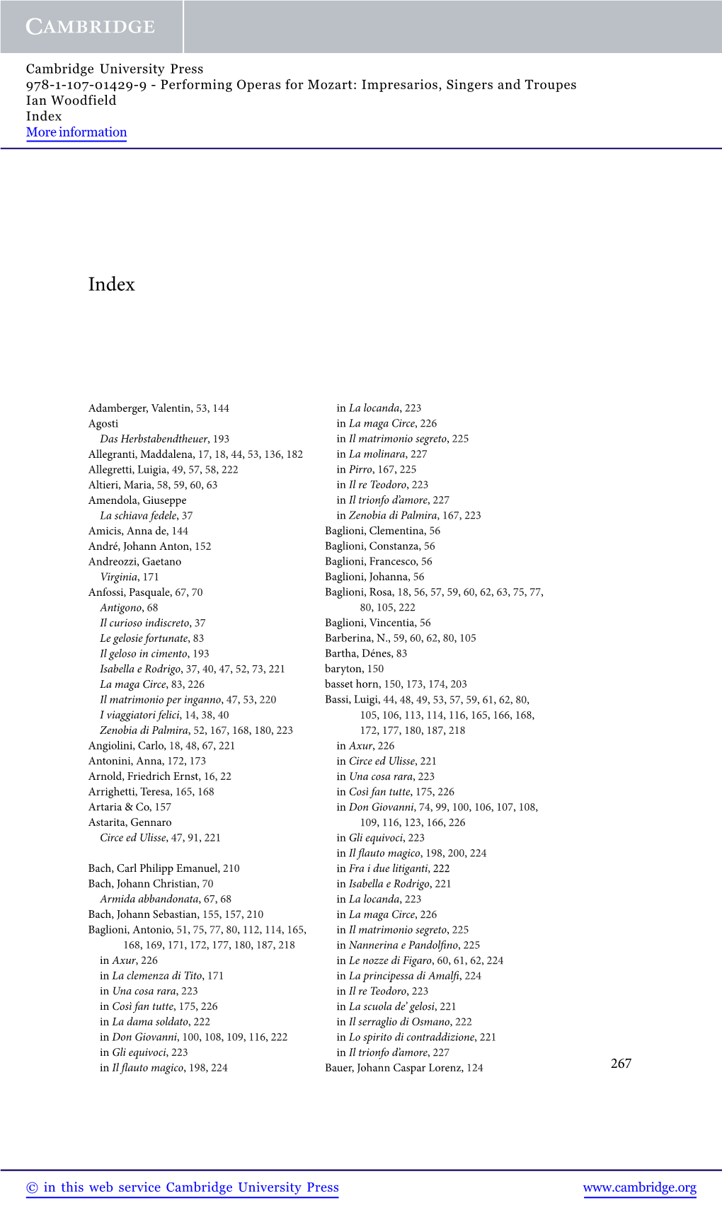 Cambridge University Press 978-1-107-01429-9 - Performing Operas for Mozart: Impresarios, Singers and Troupes Ian Woodfield Index More Information