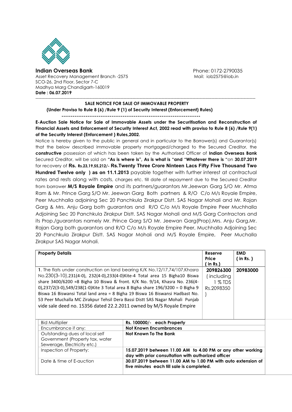 Indian Overseas Bank Vide Sale Deed No. 15356 Dated 22.2.2011