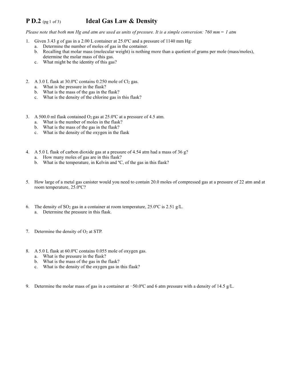 P D.2 (Pg 1 of 3) Ideal Gas Law & Density