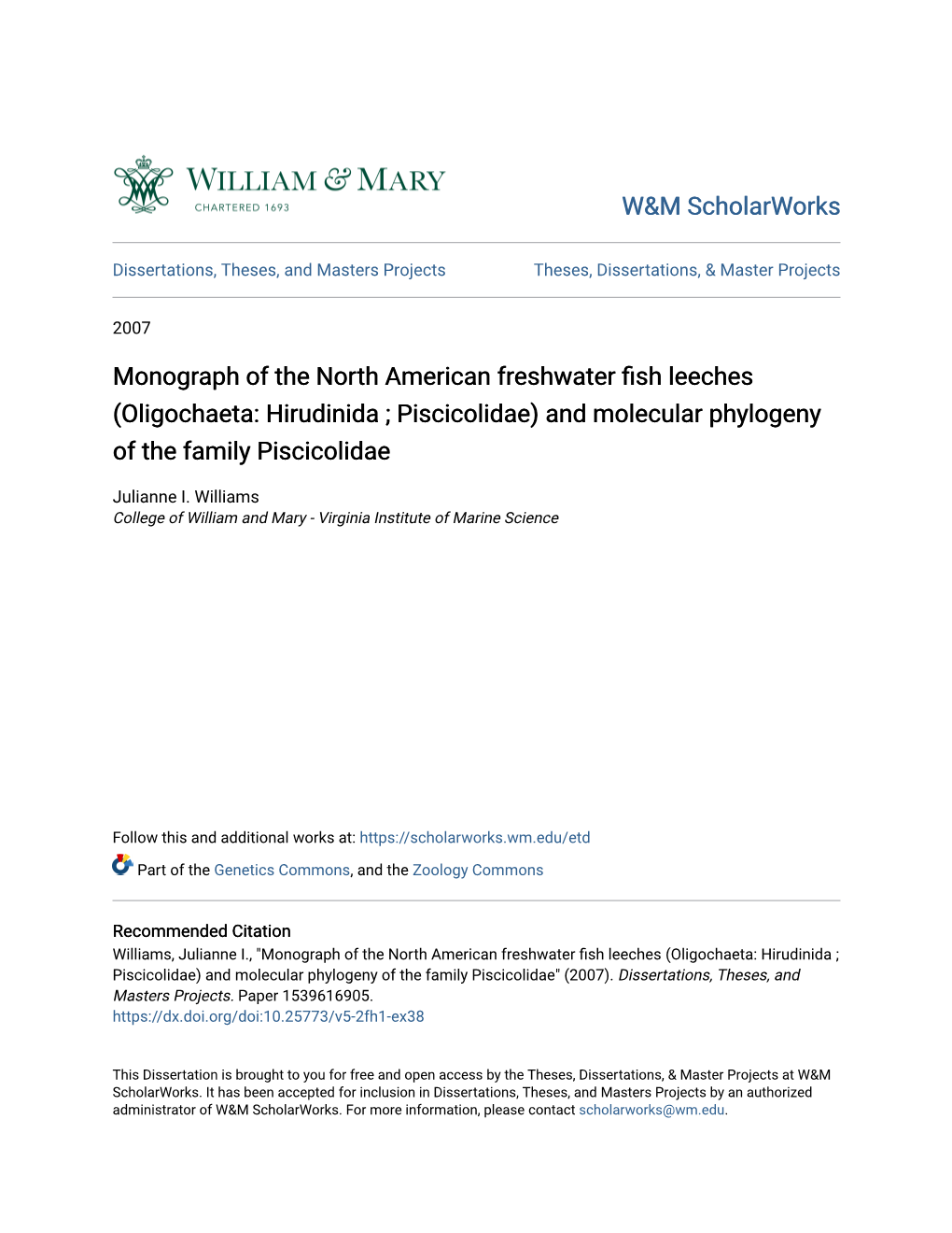 Monograph of the North American Freshwater Fish Leeches (Oligochaeta: Hirudinida ; Piscicolidae) and Molecular Phylogeny of the Family Piscicolidae