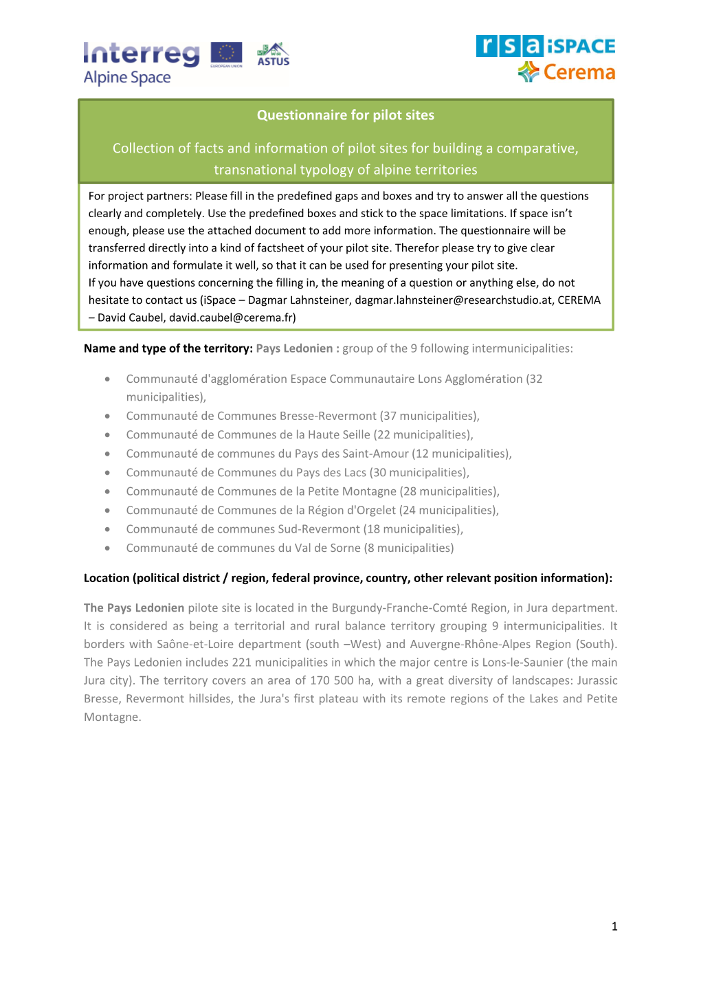 Questionnaire for Pilot Sites Collection of Facts and Information of Pilot Sites