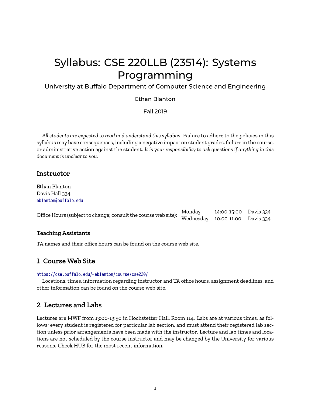 Syllabus: CSE 220LLB (23514): Systems Programming University at Buffalo Department of Computer Science and Engineering