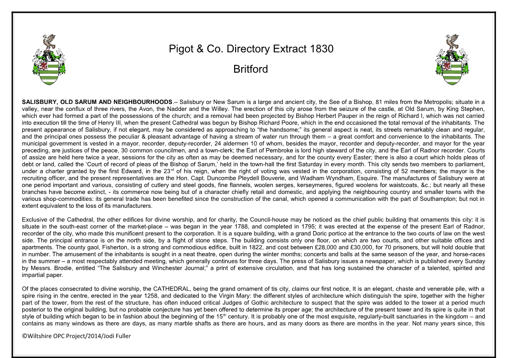 Pigot & Co. Directory Extract 1830 Britford
