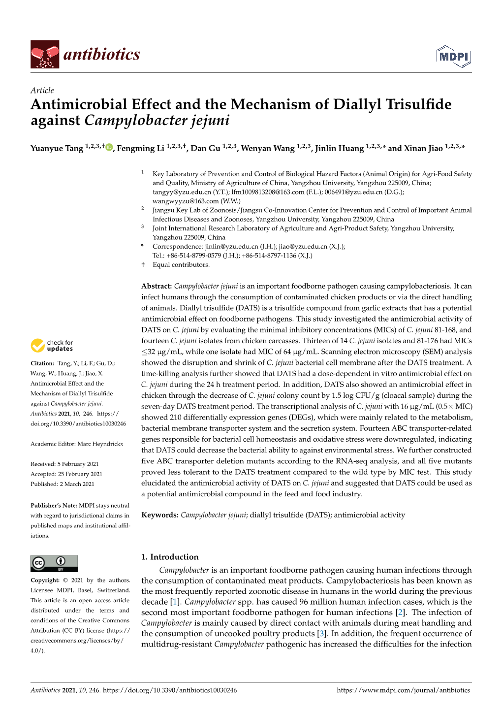 Antimicrobial Effect and the Mechanism of Diallyl Trisulfide Against Campylobacter Jejuni