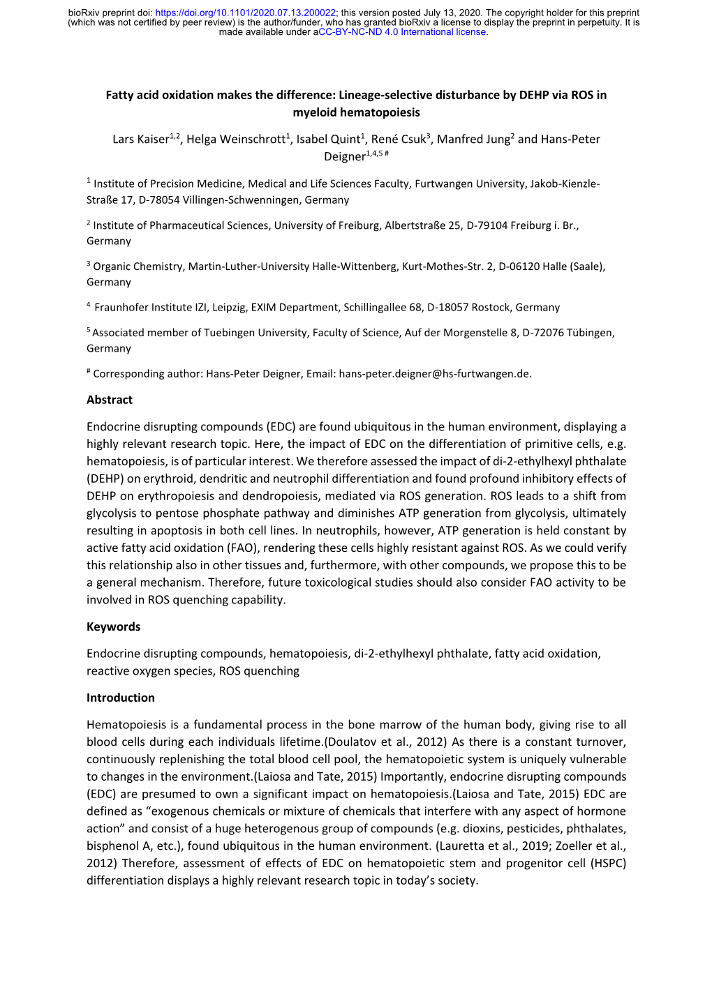 Fatty Acid Oxidation Makes the Difference: Lineage-Selective Disturbance by DEHP Via ROS in Myeloid Hematopoiesis