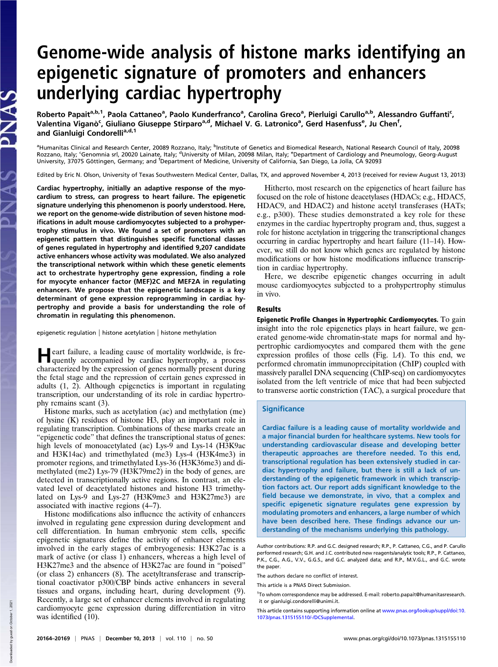 Genome-Wide Analysis of Histone Marks Identifying an Epigenetic Signature of Promoters and Enhancers Underlying Cardiac Hypertrophy