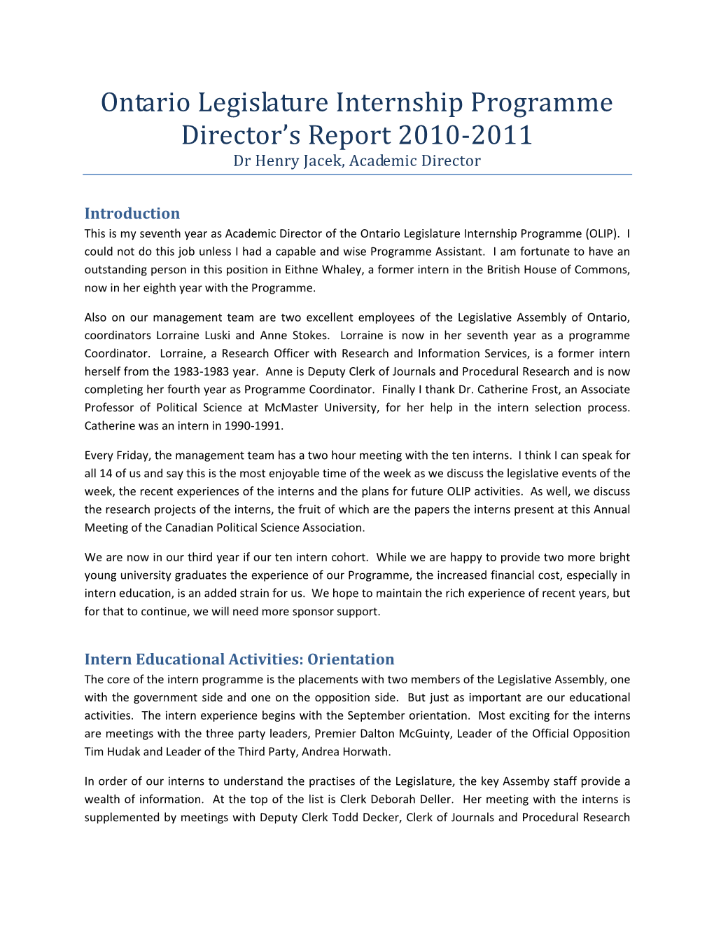 Ontario Legislature Internship Programme Directorss Report 2010-2011