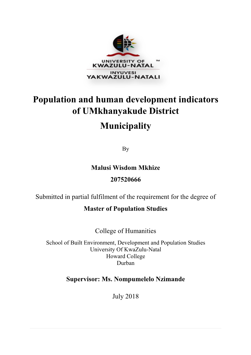 Population and Human Development Indicators of Umkhanyakude District Municipality