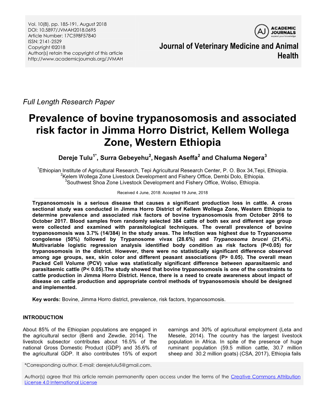 Prevalence of Bovine Trypanosomosis and Associated Risk Factor in Jimma Horro District, Kellem Wollega Zone, Western Ethiopia