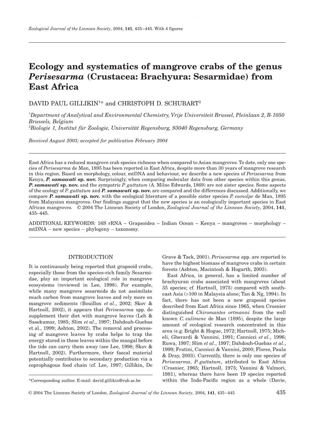 Ecology and Systematics of Mangrove Crabs of the Genus Perisesarma (Crustacea: Brachyura: Sesarmidae) from East Africa