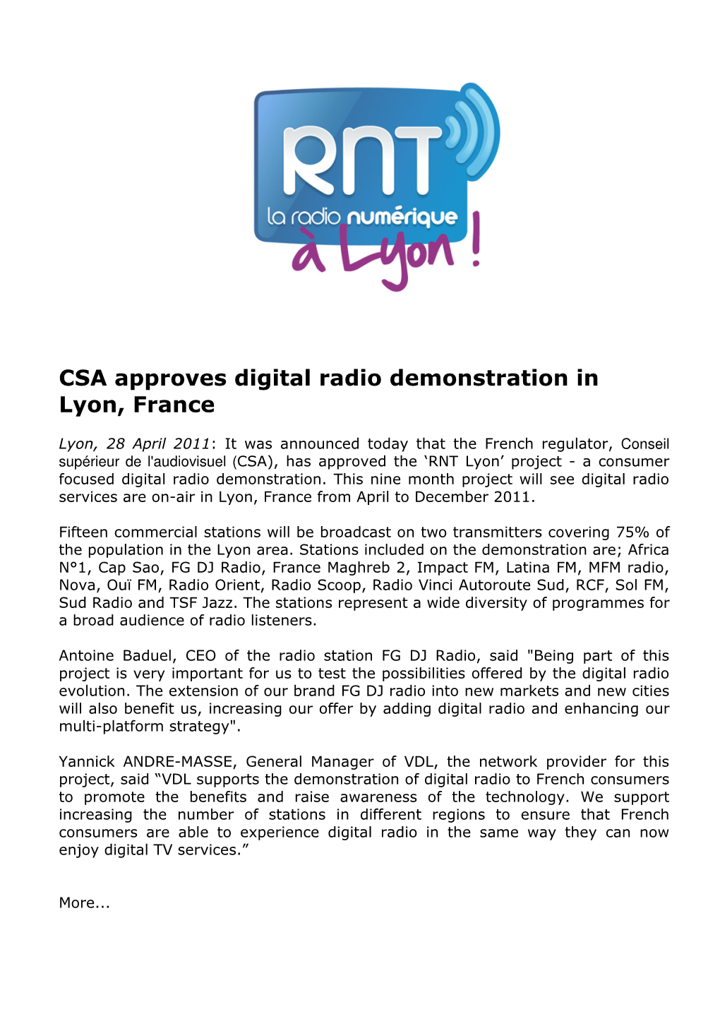 CSA Approves Digital Radio Demonstration in Lyon, France