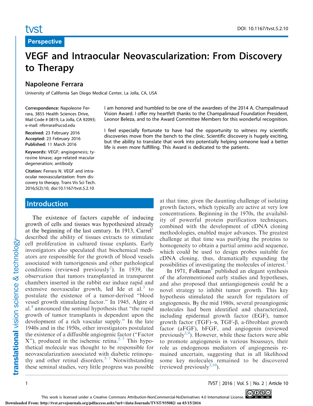 VEGF and Intraocular Neovascularization: from Discovery to Therapy