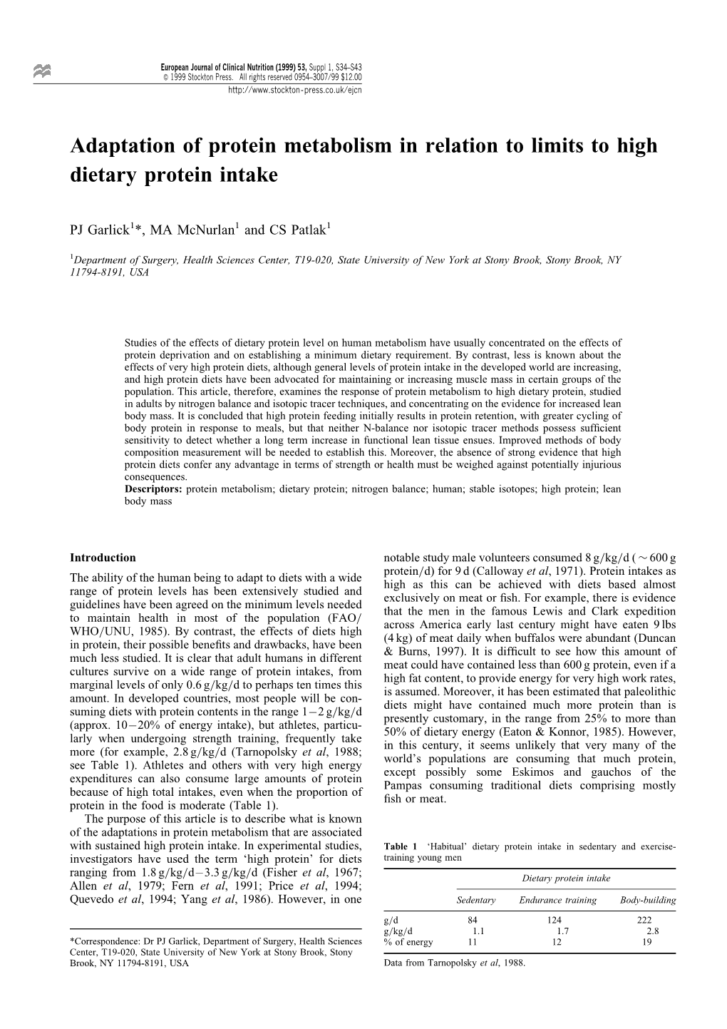 Adaptation of Protein Metabolism in Relation to Limits to High Dietary Protein Intake