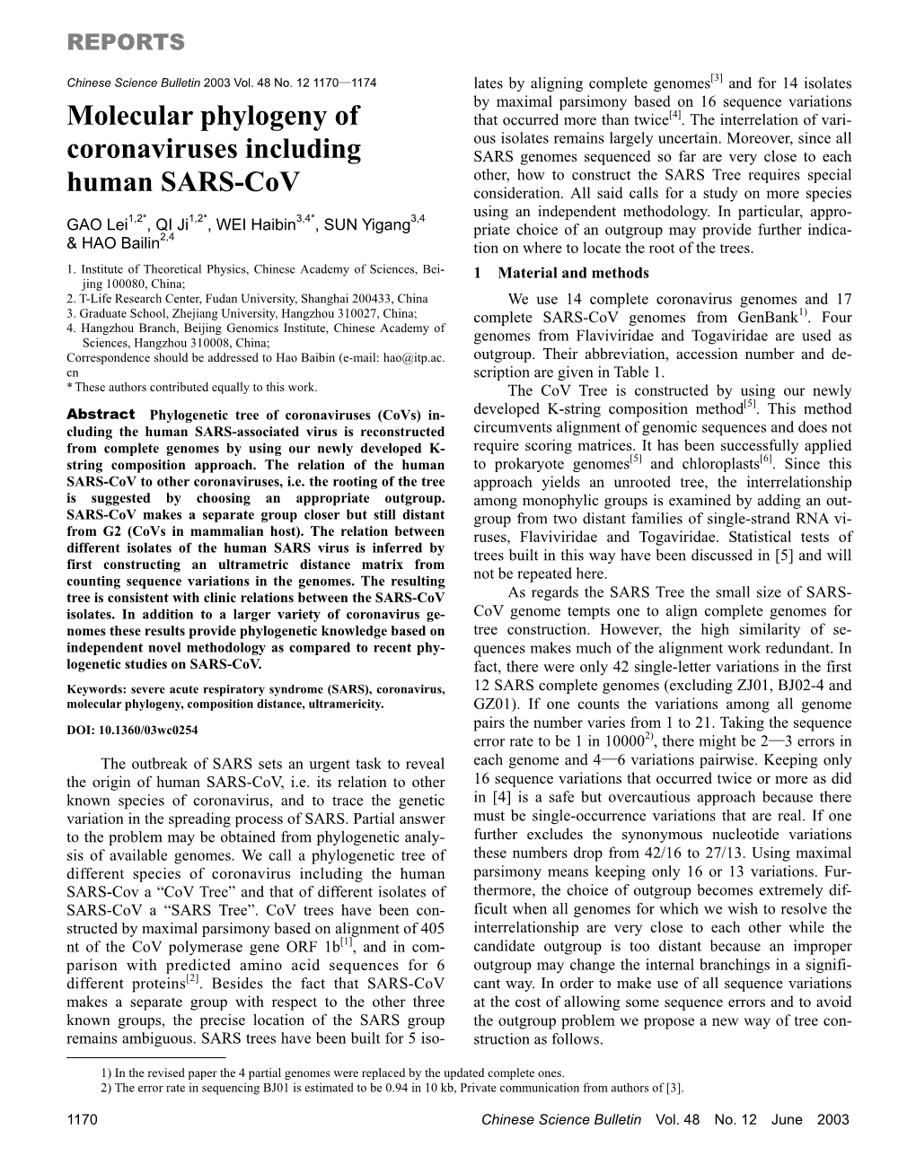 Molecular Phylogeny of Coronaviruses Including Human SARS-Cov