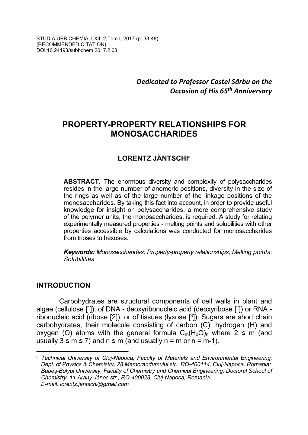 Property-Property Relationships for Monosaccharides