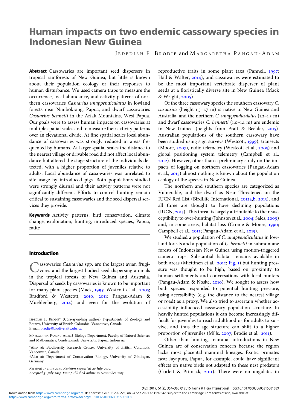 Human Impacts on Two Endemic Cassowary Species in Indonesian New Guinea