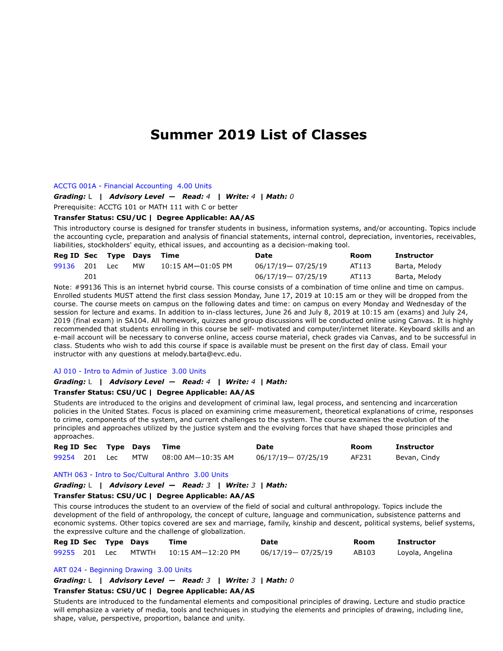 Summer 2019 Class Schedule