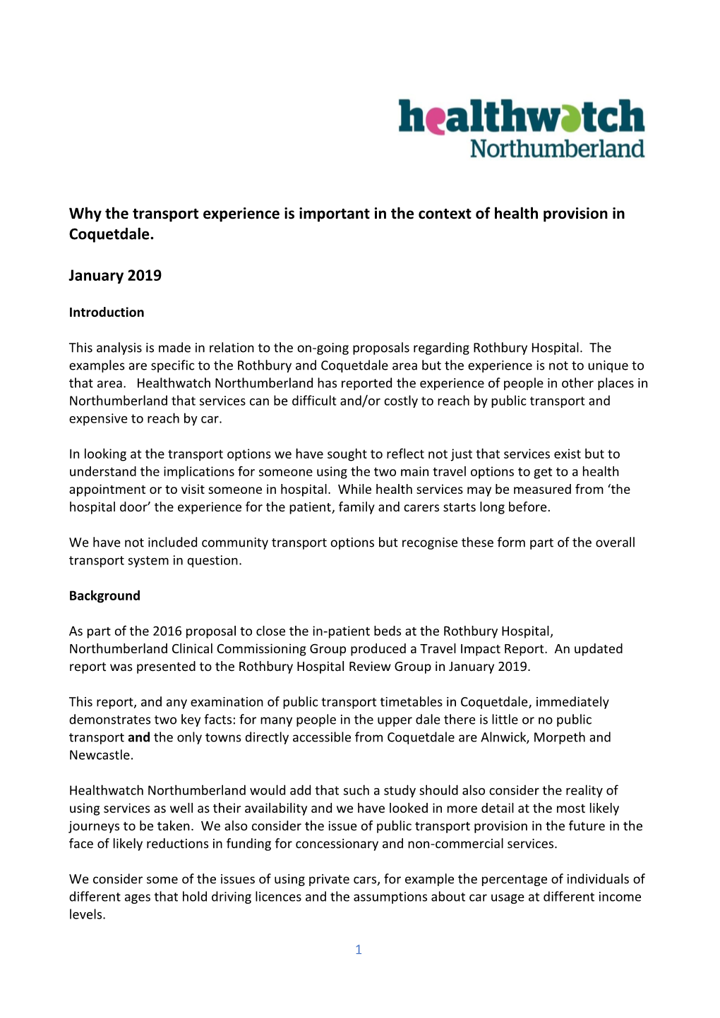 Why the Transport Experience Is Important in the Context of Health Provision in Coquetdale. January 2019