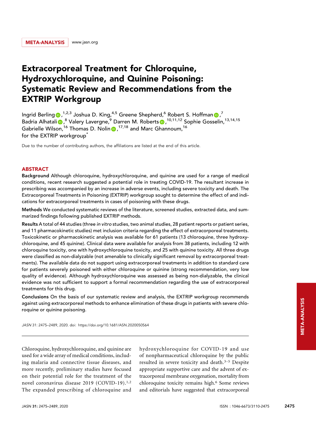 Extracorporeal Treatment for Chloroquine, Hydroxychloroquine, and Quinine Poisoning: Systematic Review and Recommendations from the EXTRIP Workgroup