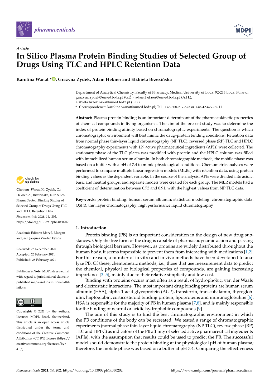 In Silico Plasma Protein Binding Studies of Selected Group of Drugs Using TLC and HPLC Retention Data
