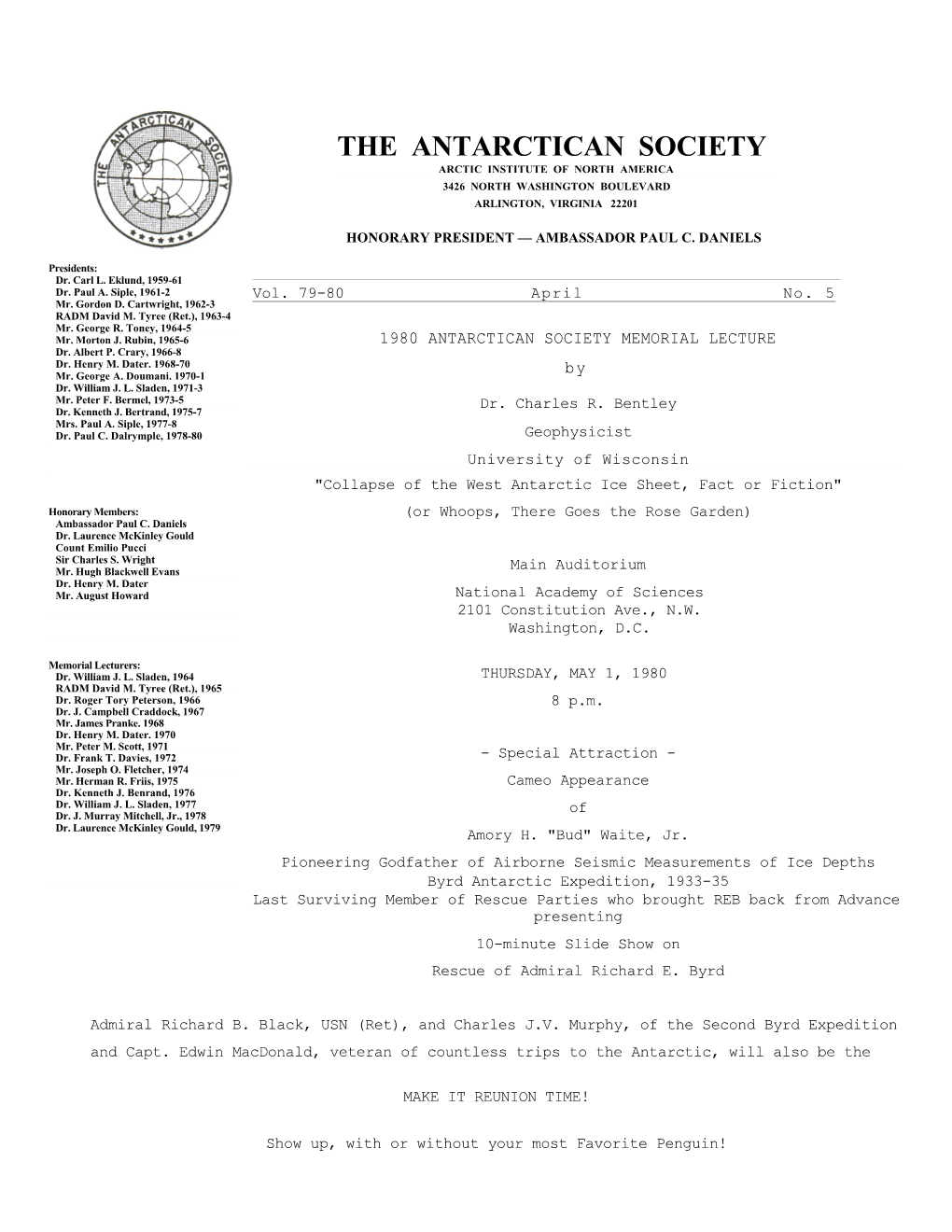 The Antarctican Society Arctic Institute of North America 3426 North Washington Boulevard Arlington, Virginia 22201