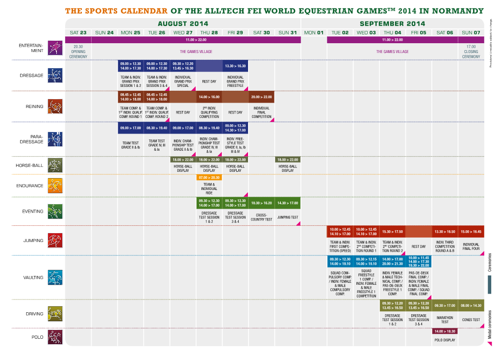 The Sports Calendar of the Alltech Fei World Equestrian Gamestm 2014 in Normandy