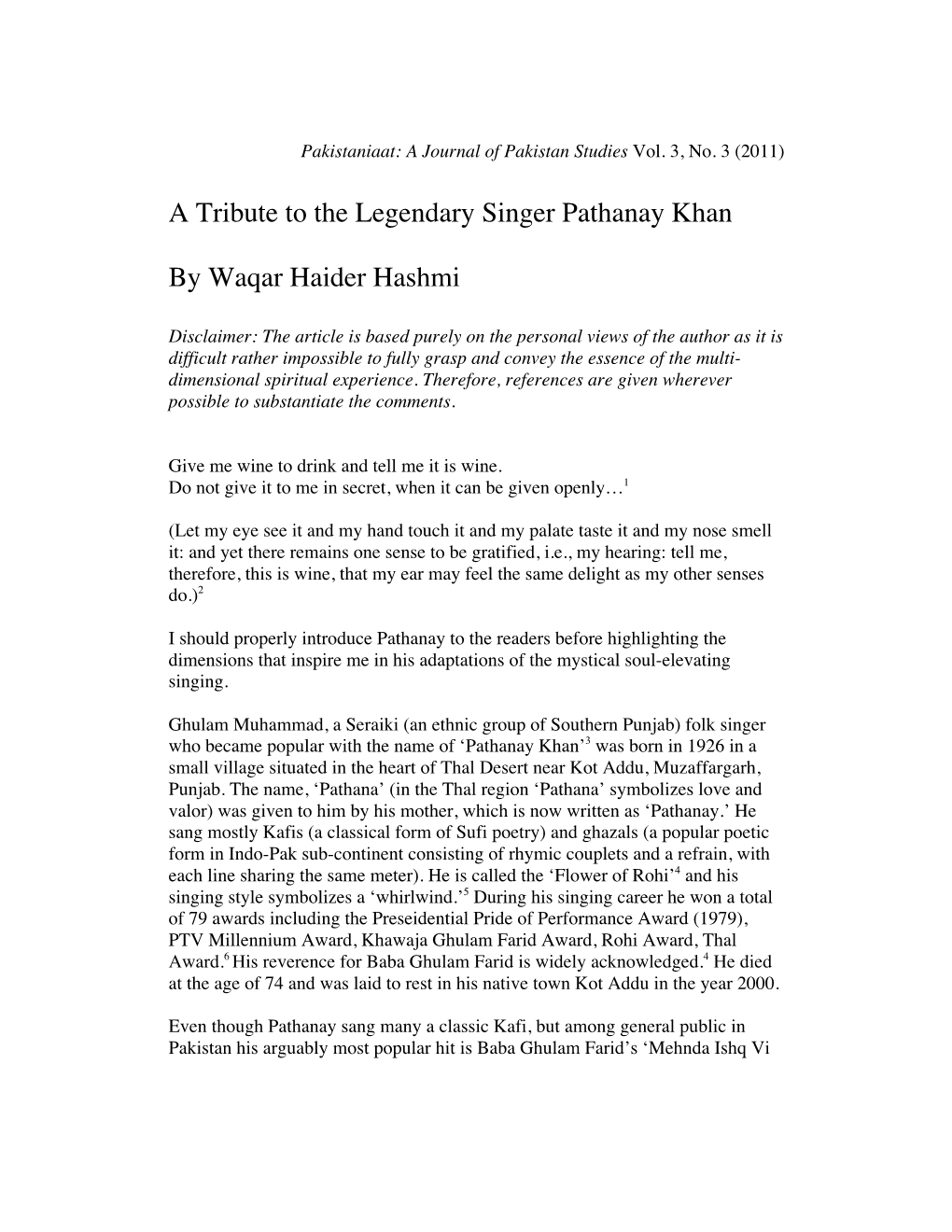 A Tribute to the Legendary Singer Pathanay Khan by Waqar Haider