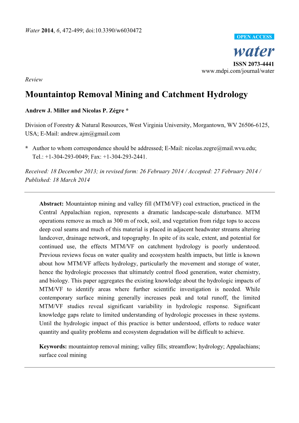 Mountaintop Removal Mining and Catchment Hydrology