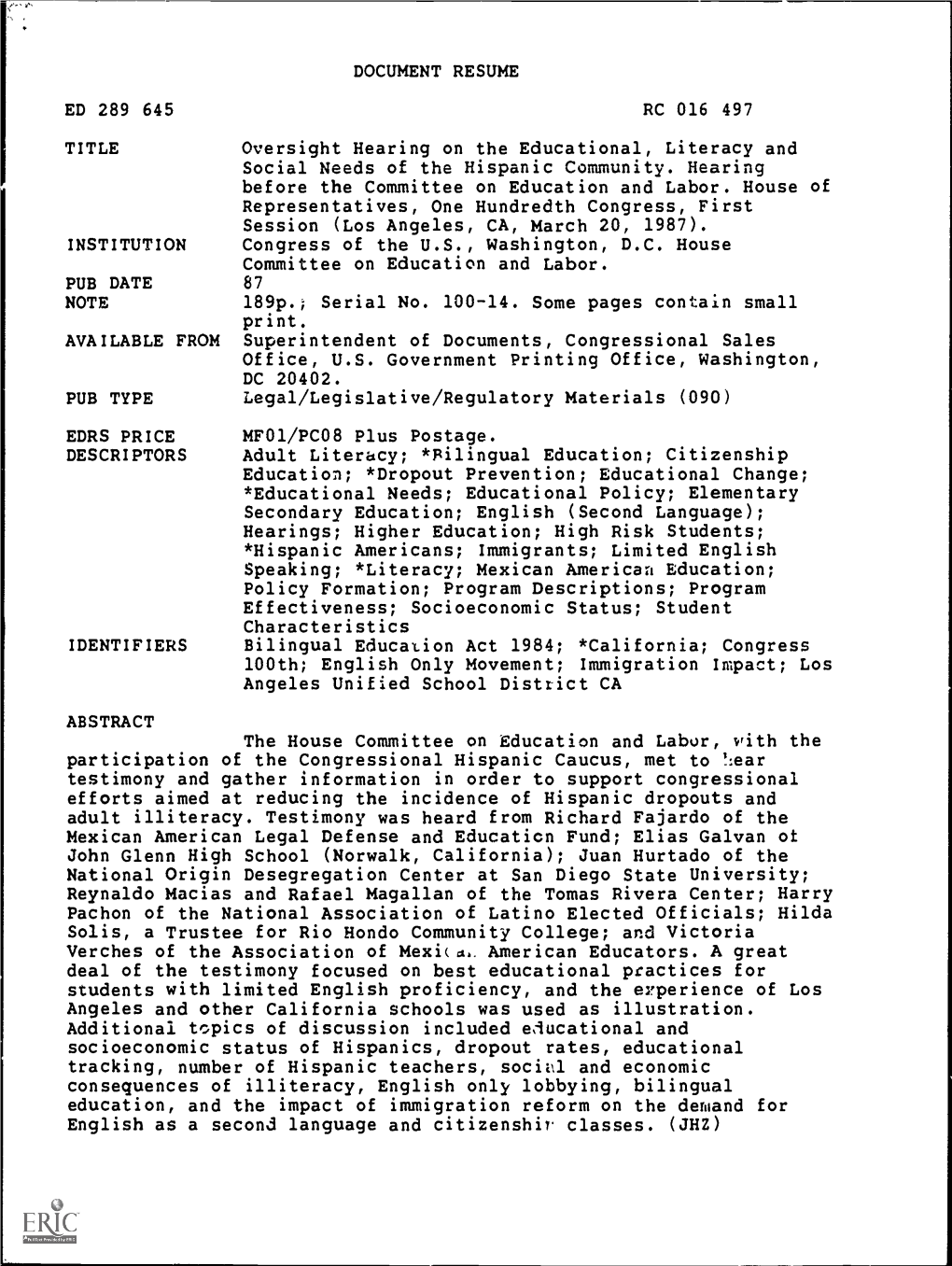 DOCUMENT RESUME RC 016 497 Oversight Hearing on The