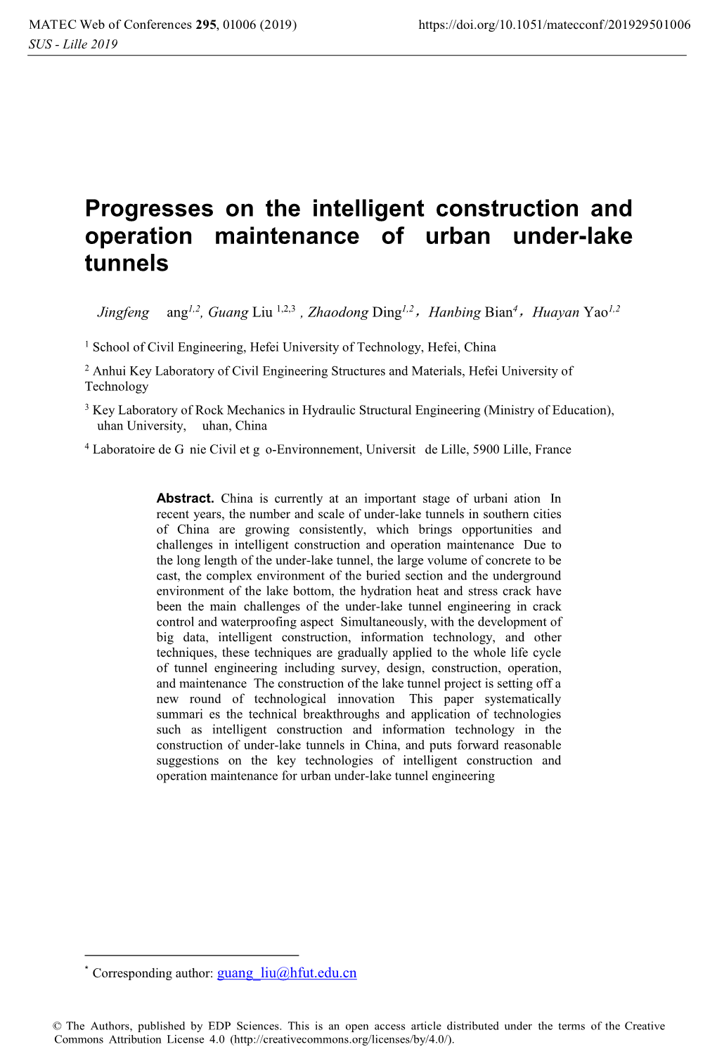 Progresses on the Intelligent Construction and Operation Maintenance of Urban Under-Lake Tunnels