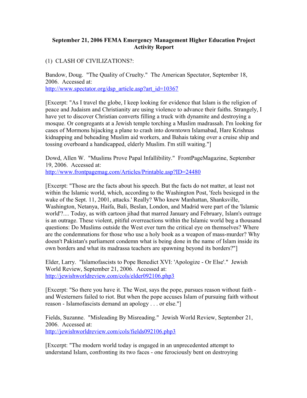 September 21, 2006 FEMA Emergency Management Higher Education Project Activity Report