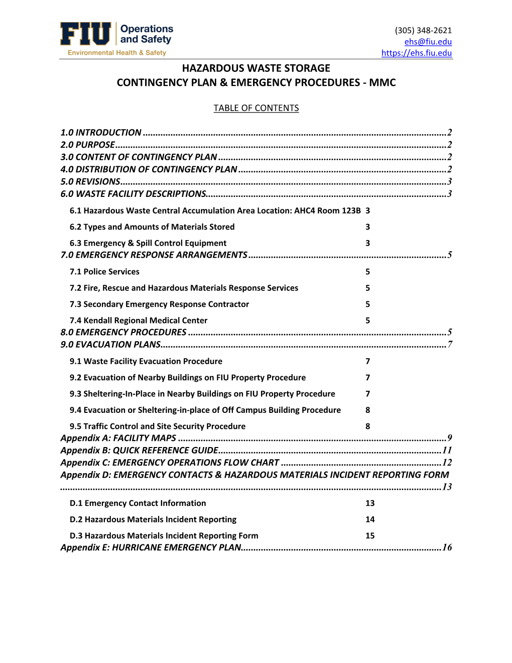 Hazardous Waste Storage Contingency Plan & Emergency Procedures