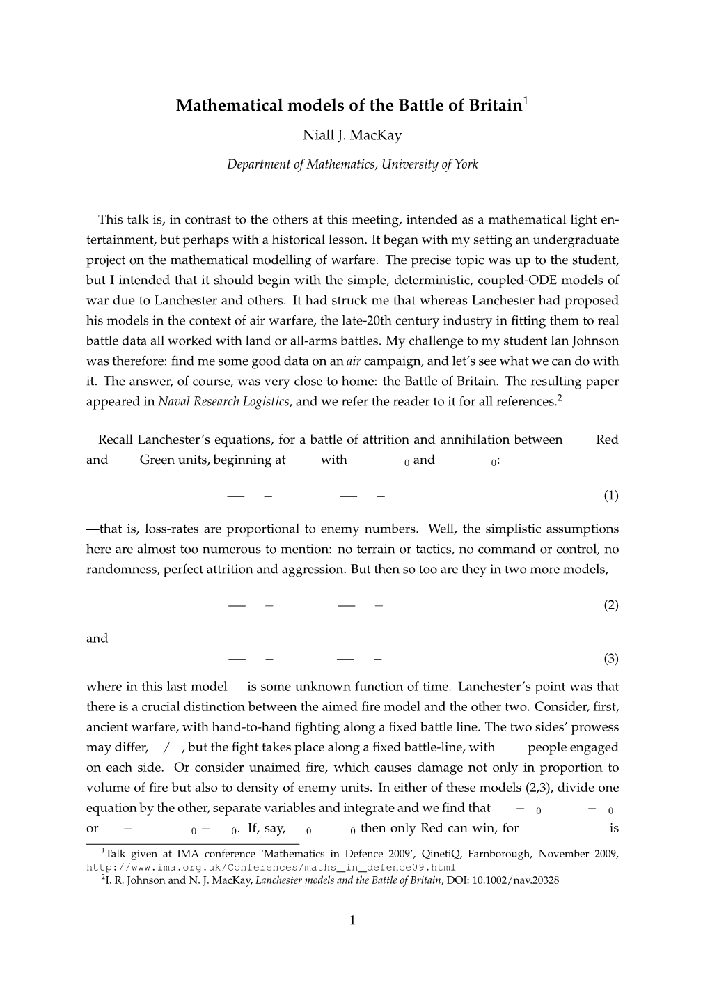 Mathematical Models of the Battle of Britain1 Niall J